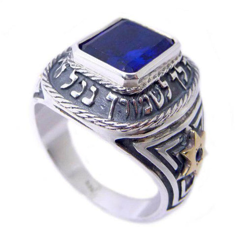 Kabbalah ring with angels protection and sapphire stone in sterling silver Jewish amulet handmade in Israel

