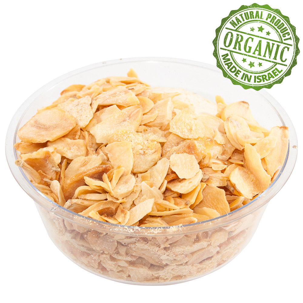 Kosher garlic flakes from Israel in clear jar
