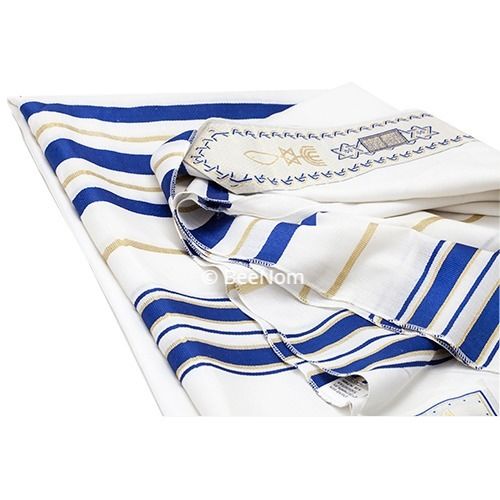 Kosher tallit blue and gold stripes front view with fringes

