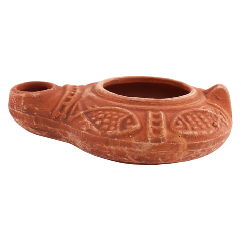 Small Biblical Oil Lamp Replica Herodian Terracotta Clay w/ Fish 4x3"