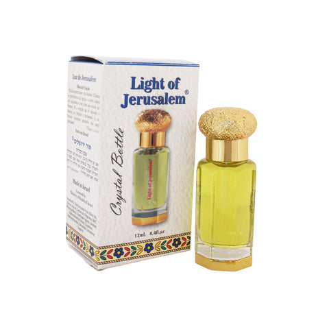 Light of Jerusalem anointing oil in crystal bottle for worship and prayer
