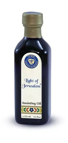 light of jerusalem anointing oil in cobalt glass bottle by ein gedi for worship and prayer

