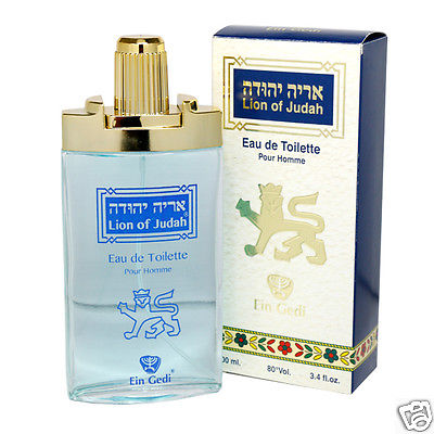 Lion of Judah cologne bottle on neutral background, biblical fragrance for men