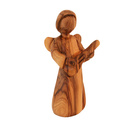 Olive Wood Angel Playing Guitar Statue – Hand Carved Figurine Bethlehem