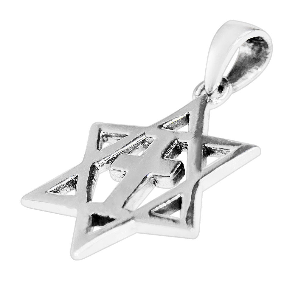 front view of handmade Magen David pendant with cross center silver
