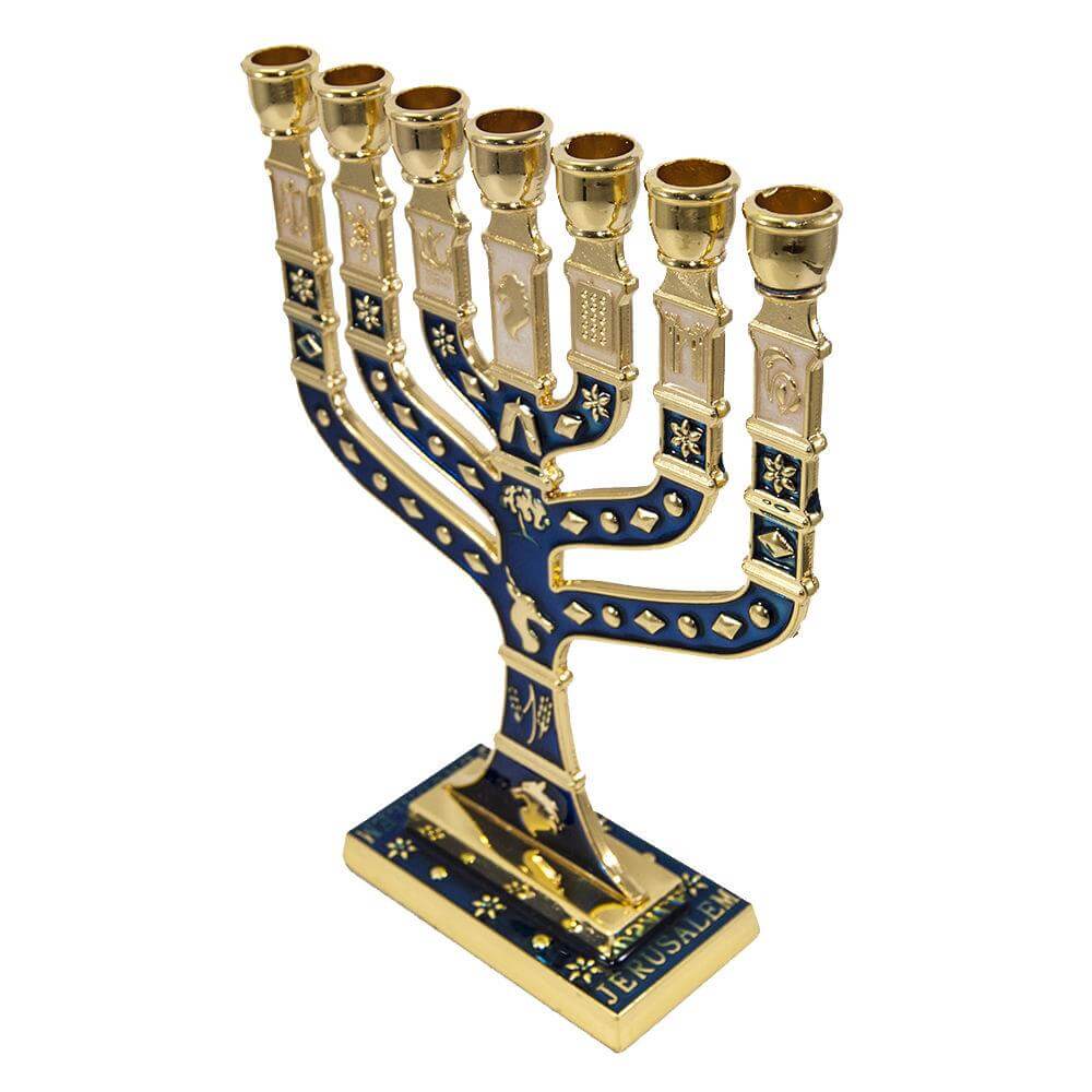 Gold-Blue Enamel Jewish Hanukkah Menorah for 7 Candle from Jerusalem