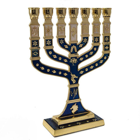 Gold-Blue Enamel Jewish Hanukkah Menorah for 7 Candle from Jerusalem