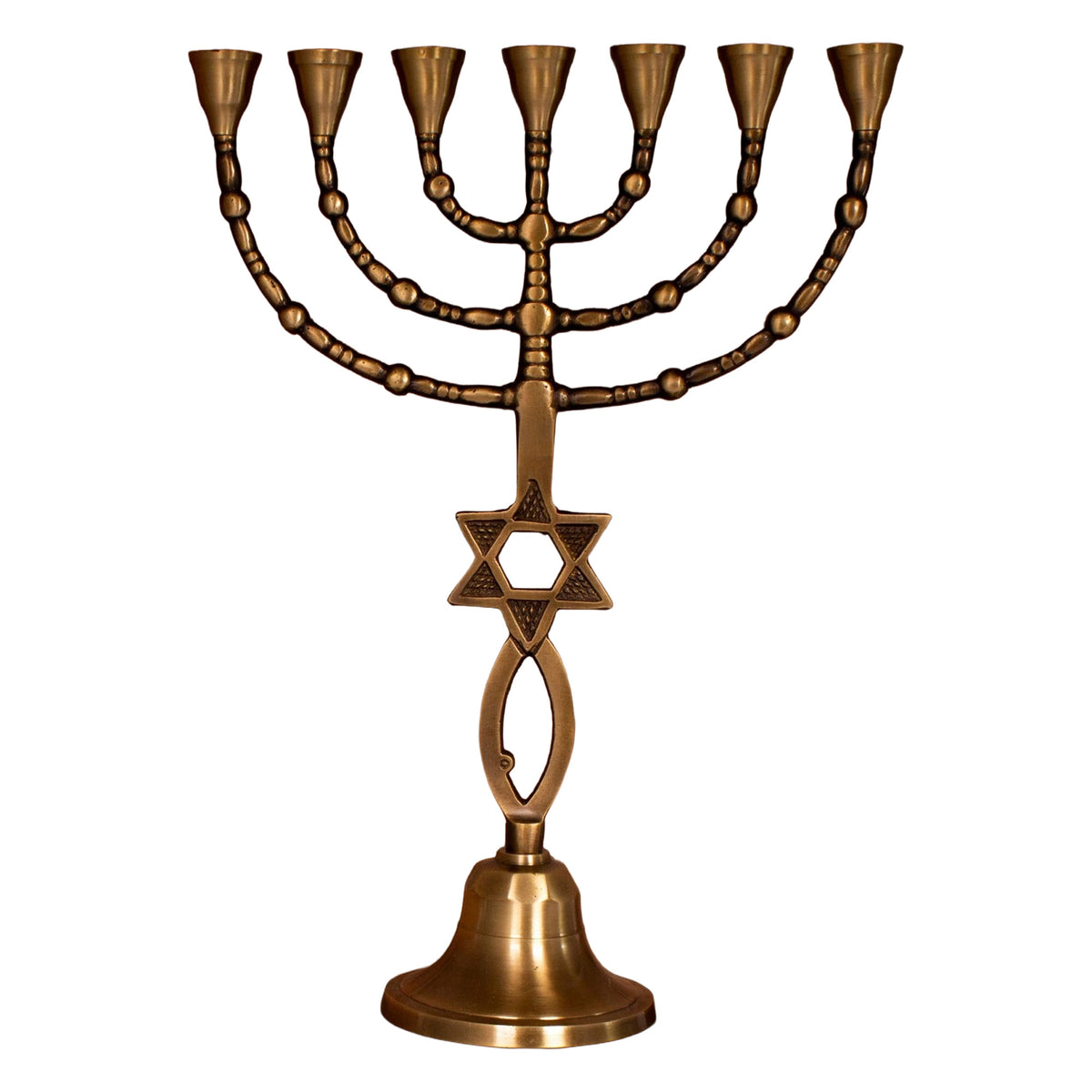 messianic brass menorah with gold color and star of david
