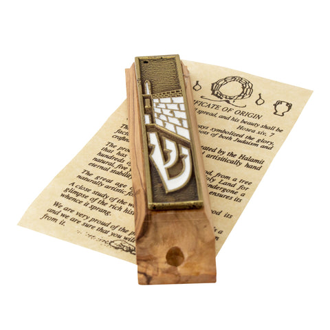 Back view of gold enamel olive wood mezuzah with natural grain finish