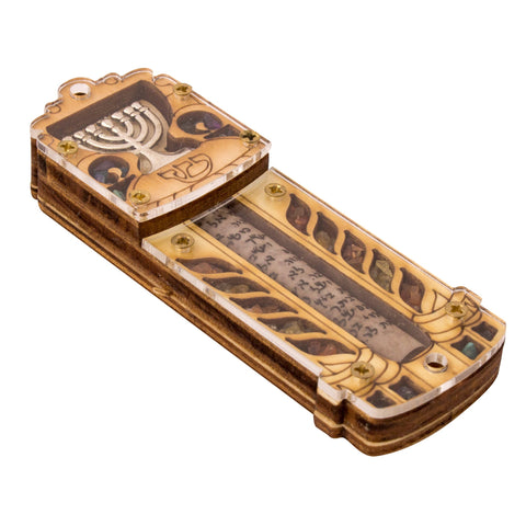 Close-up bail and chain section of gemstone mezuzah for car