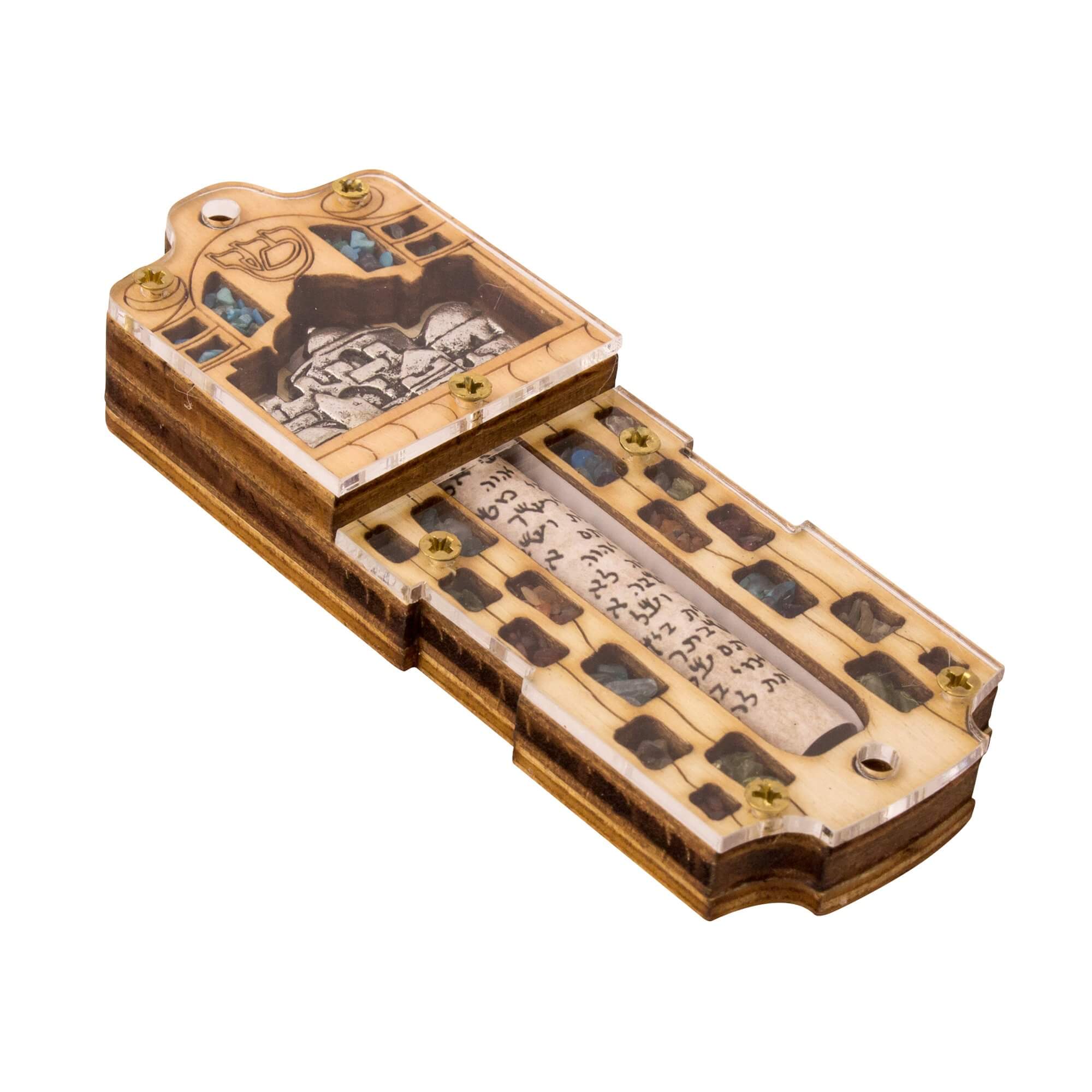 Door mezuzah with stone detail and sacred scroll