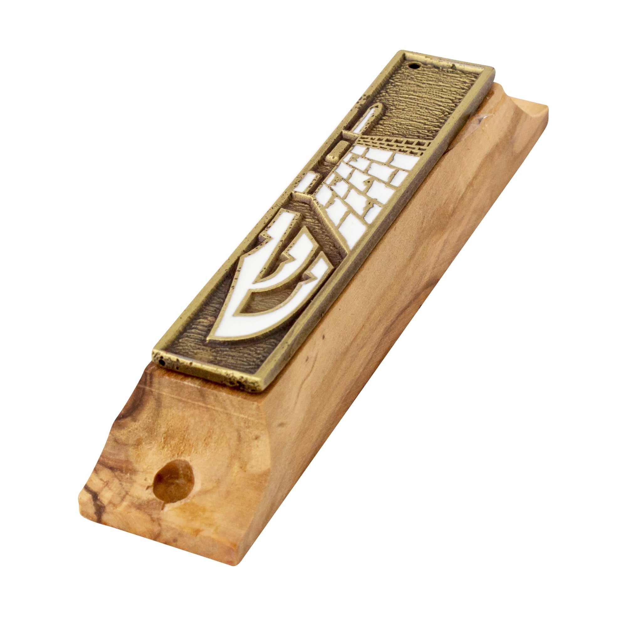 Angled view of mezuzah in olive wood with gold enamel detailing