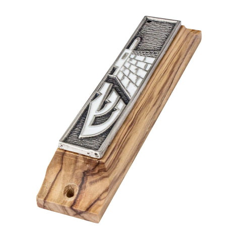 Shin letter highlighted on olive wood mezuzah with enamel frame
