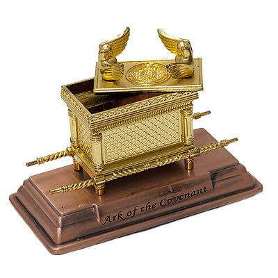 reverse side of gold plated copper ark of the covenant replica
