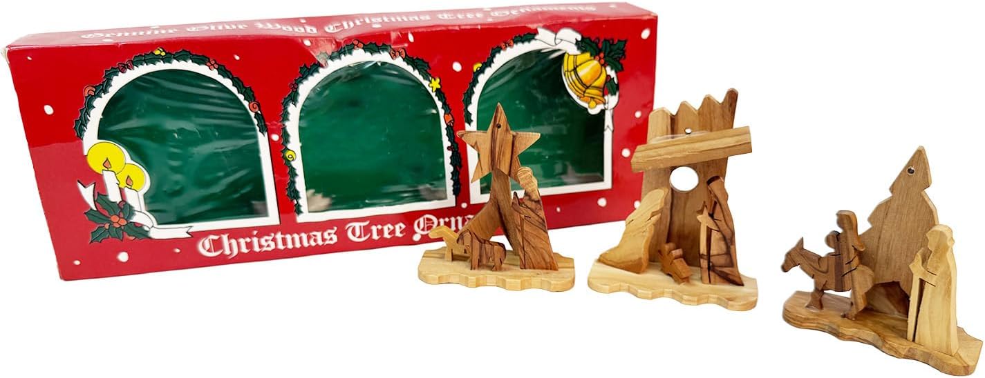 Mini olive wood Nativity trio with carved Holy Land figures
