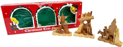 Mini olive wood Nativity trio with carved Holy Land figures
