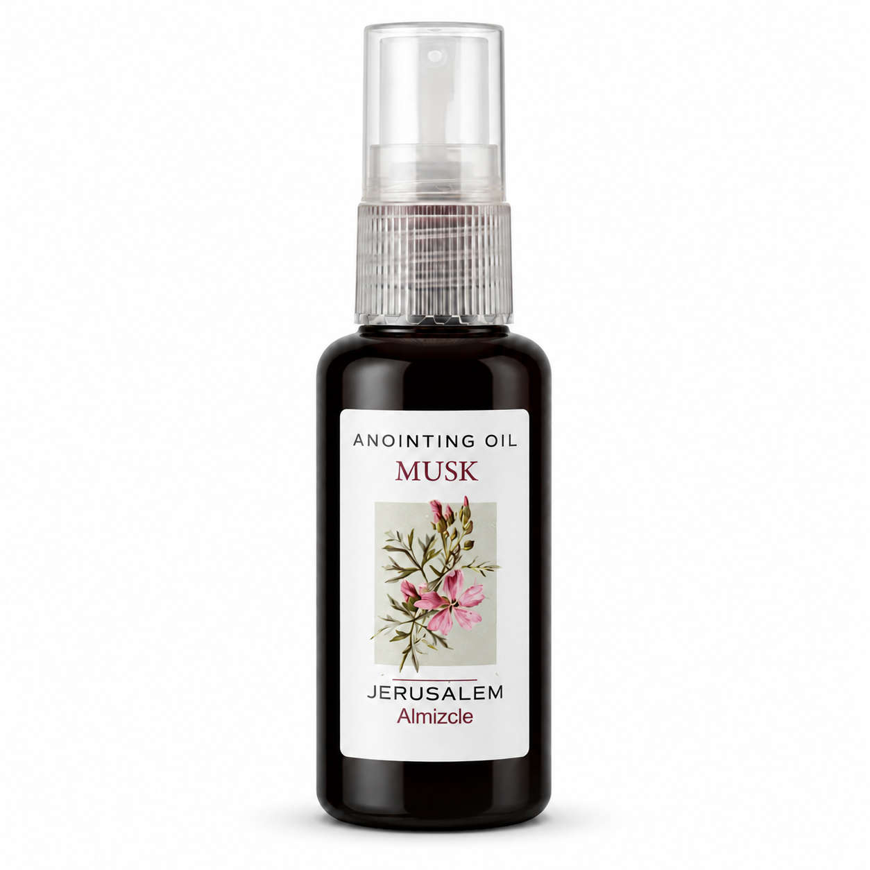 Dark amber anointing oil spray bottle with clear cap, ribbed plastic collar, white Musk label with pink flower illustration, front view on white background with soft shadow