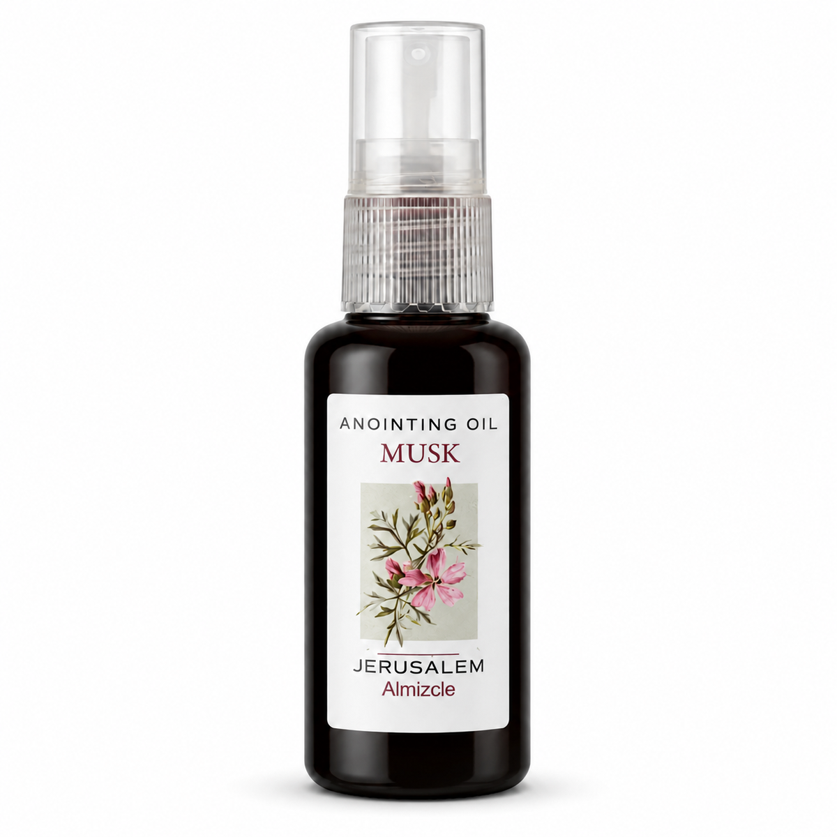 Dark amber anointing oil spray bottle with clear cap, ribbed plastic collar, white Musk label with pink flower illustration, front view on white background with soft shadow