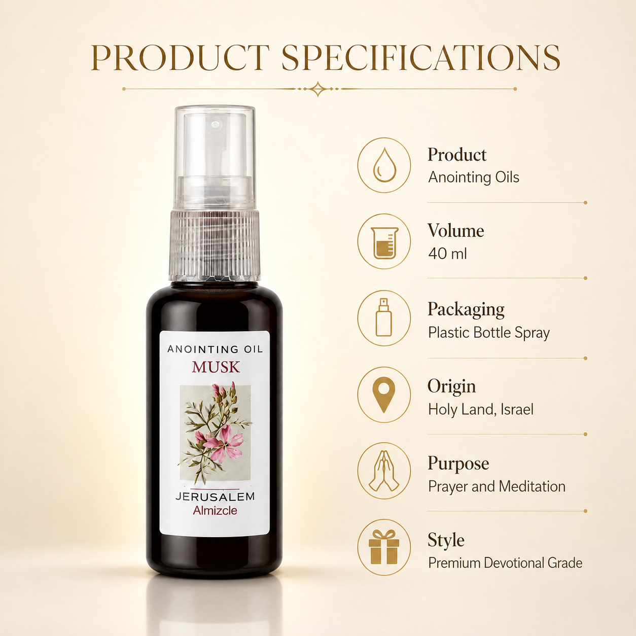Product specifications infographic with dark amber musk anointing oil spray bottle, clear cap, white floral label, gold icons, 40 ml volume, plastic bottle spray details on cream background