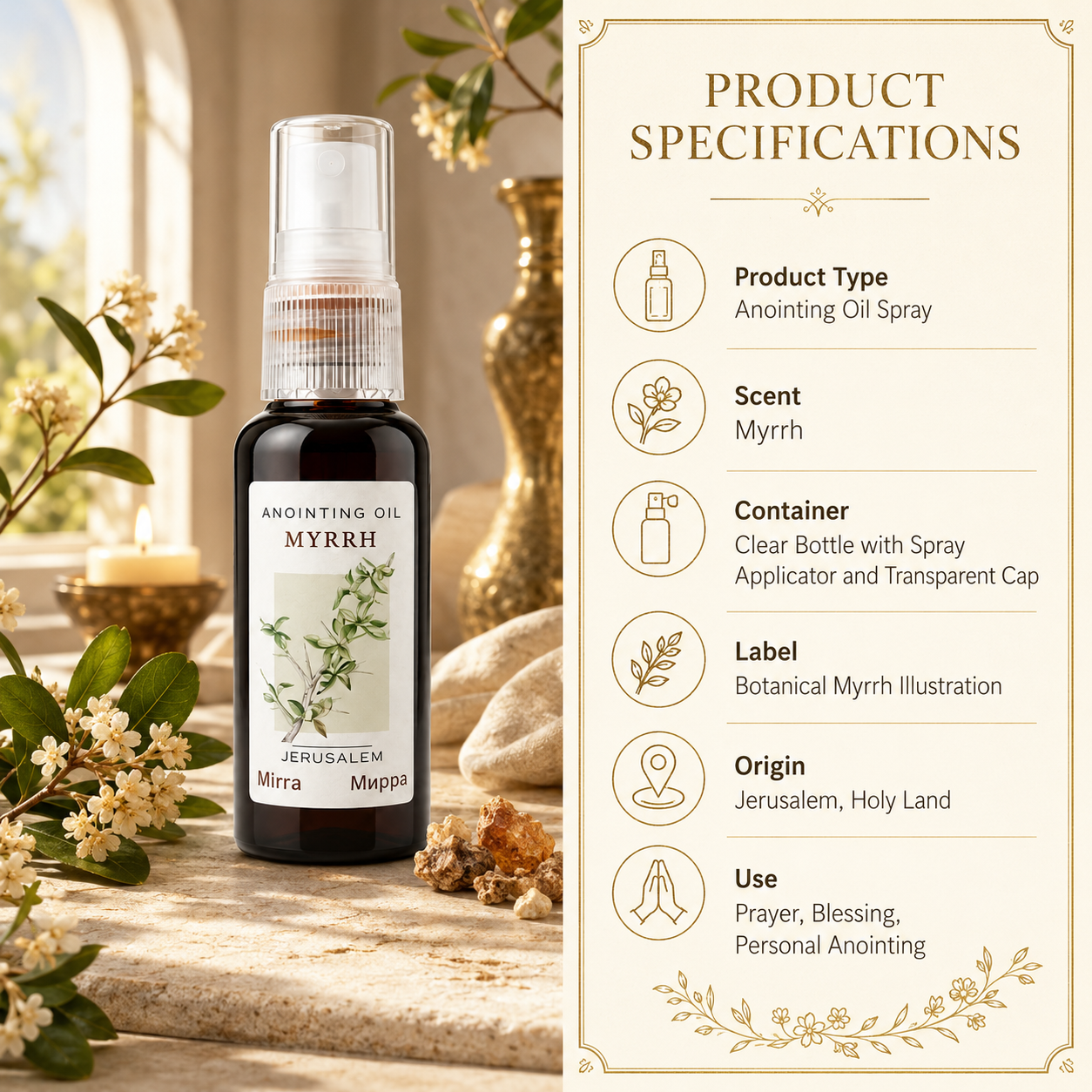 Product specification graphic for dark Myrrh anointing oil spray, clear bottle with transparent cap, botanical label, Jerusalem origin, prayer use, flowers, candle, and resin on warm interior background