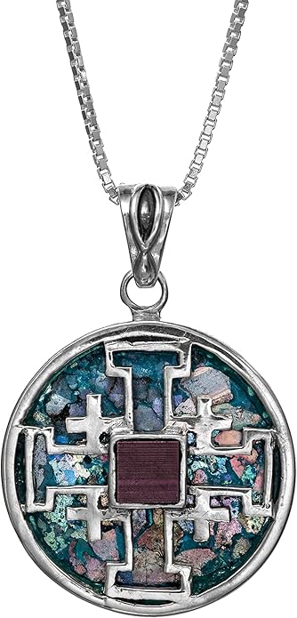 silver Jerusalem cross pendant with nano Bible chip and Roman glass