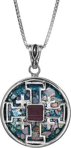 silver Jerusalem cross pendant with nano Bible chip and Roman glass