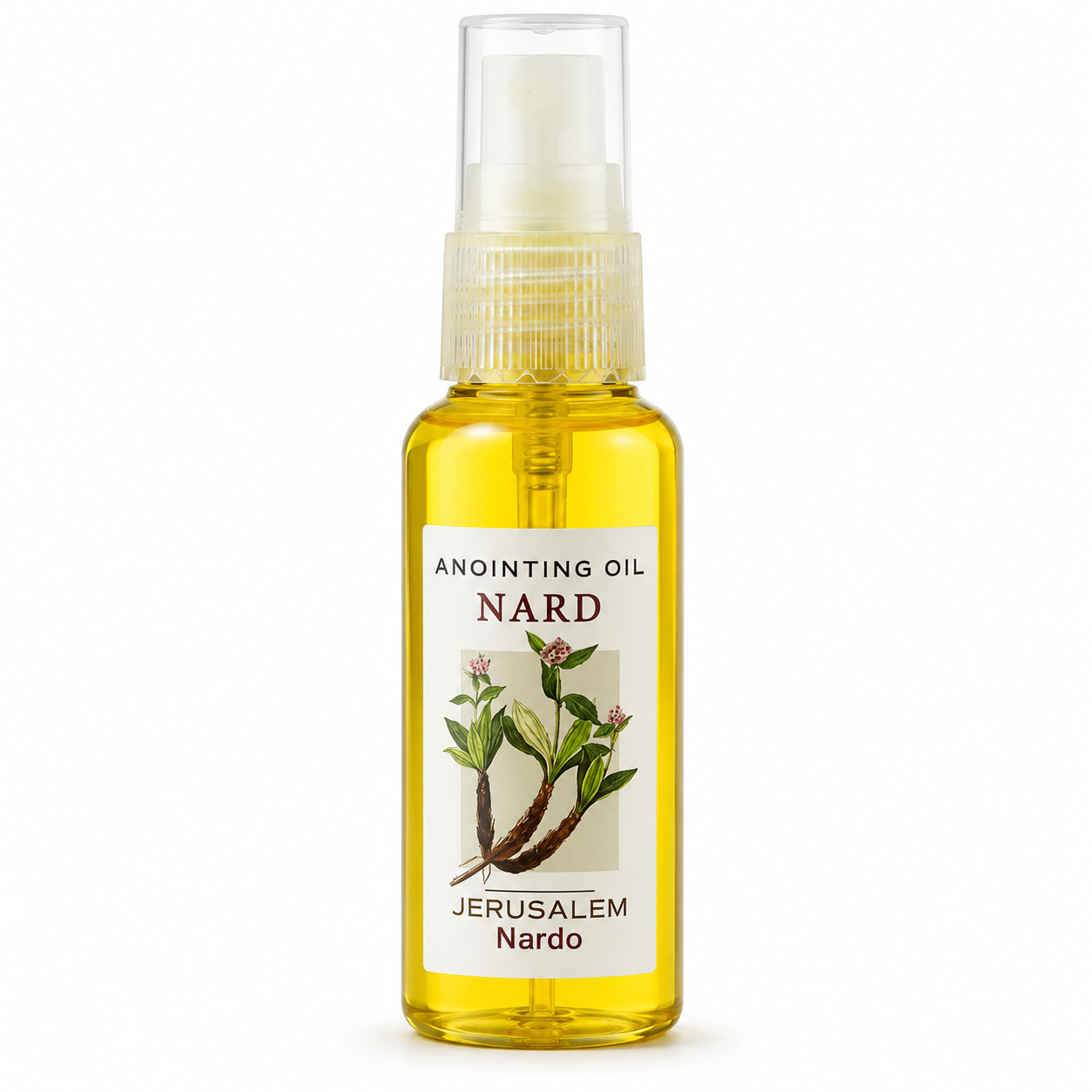 Clear spray bottle filled with yellow Nard anointing oil, white label with plant illustration and Jerusalem Nardo text, front-facing view on white background.