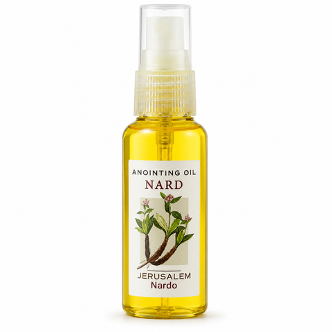 Clear spray bottle filled with yellow Nard anointing oil, white label with plant illustration and Jerusalem Nardo text, front-facing view on white background.