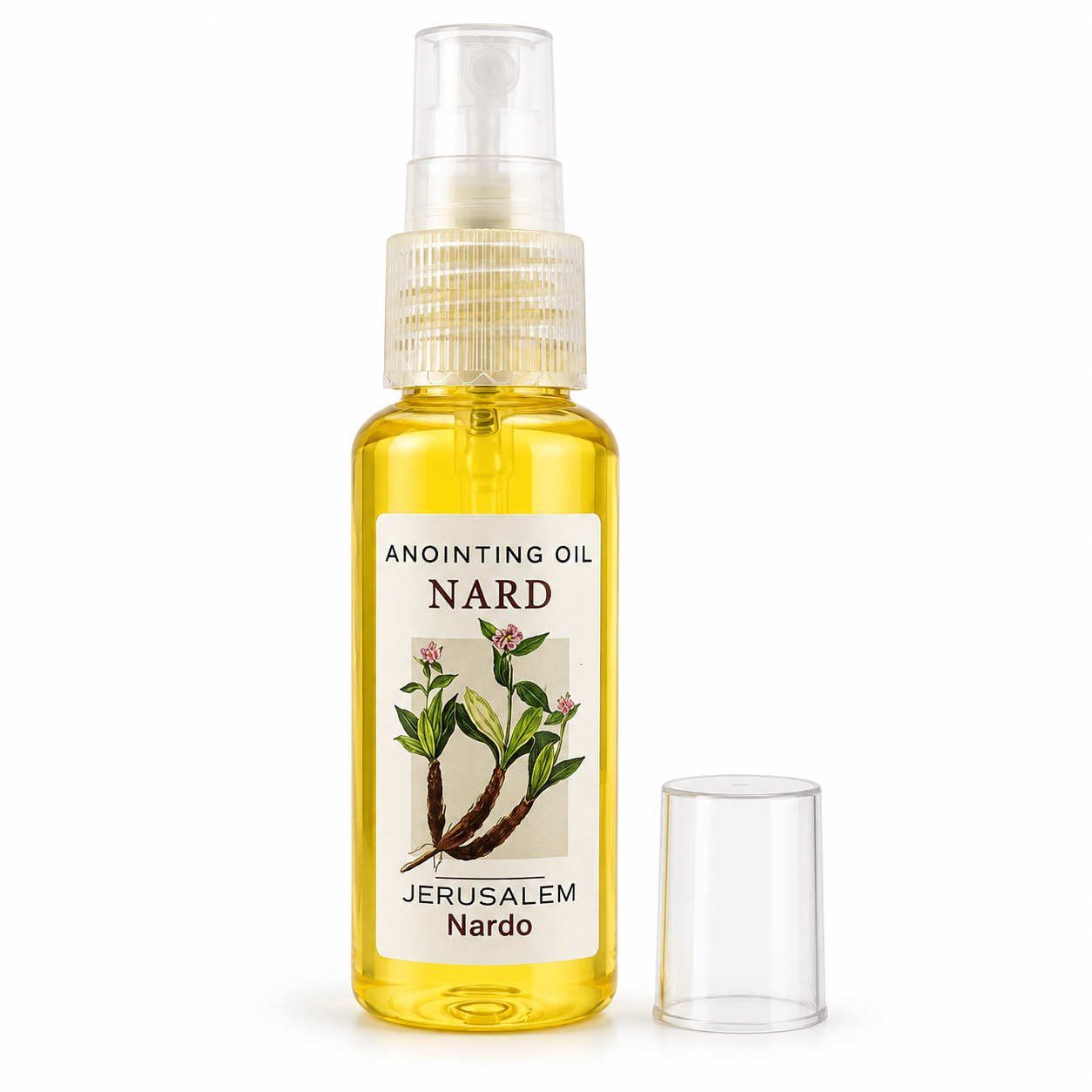 Clear spray bottle filled with yellow Nard anointing oil, white Jerusalem Nardo label with plant illustration, transparent cap beside bottle, front view on white background