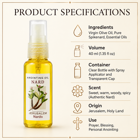Product specification graphic for Nard anointing oil spray, 40 ml clear bottle with spray applicator, virgin olive oil and spikenard oils, yellow liquid, Jerusalem origin, cream background.