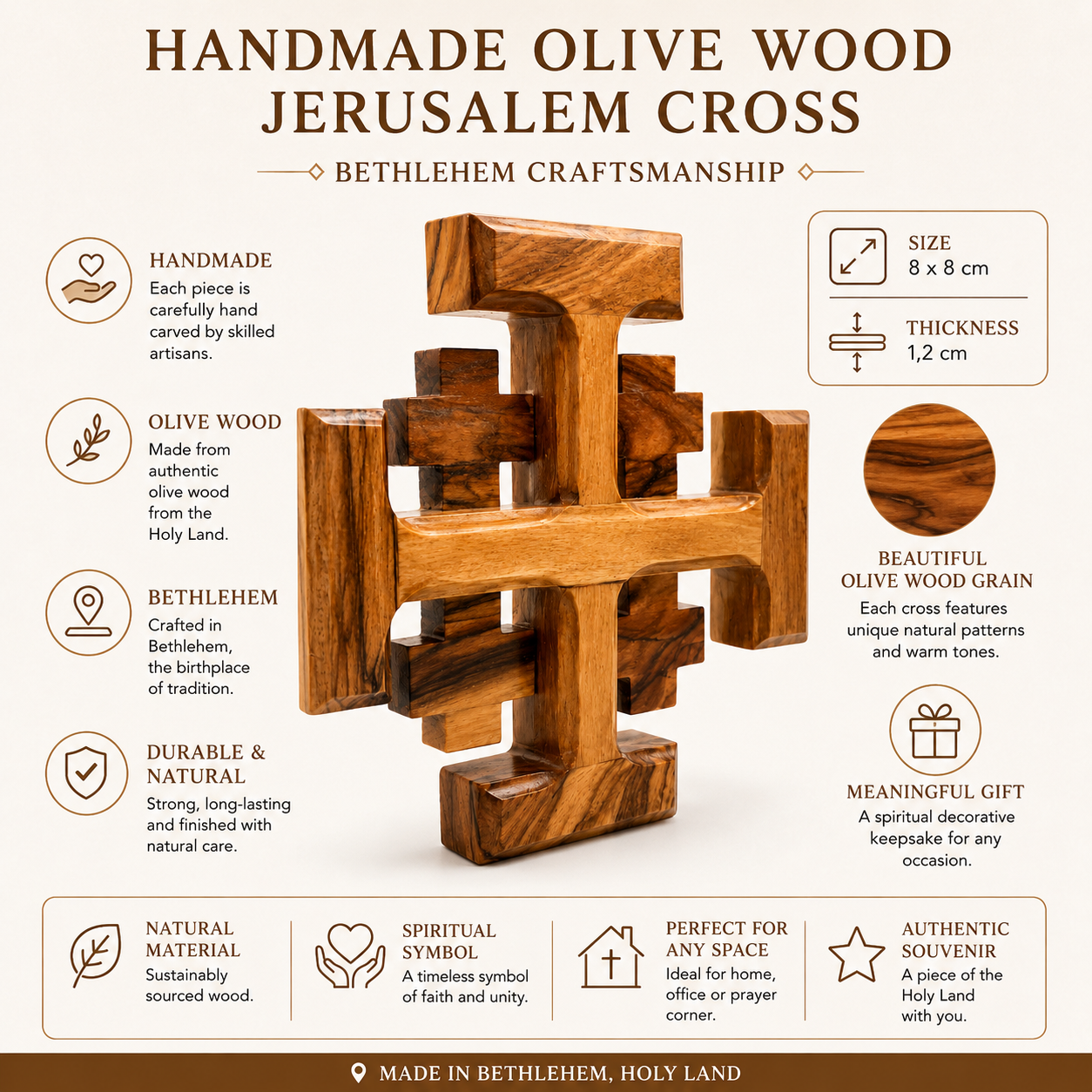 Natural olive wood Jerusalem cross showing distinct grain and complex multi-cross structure