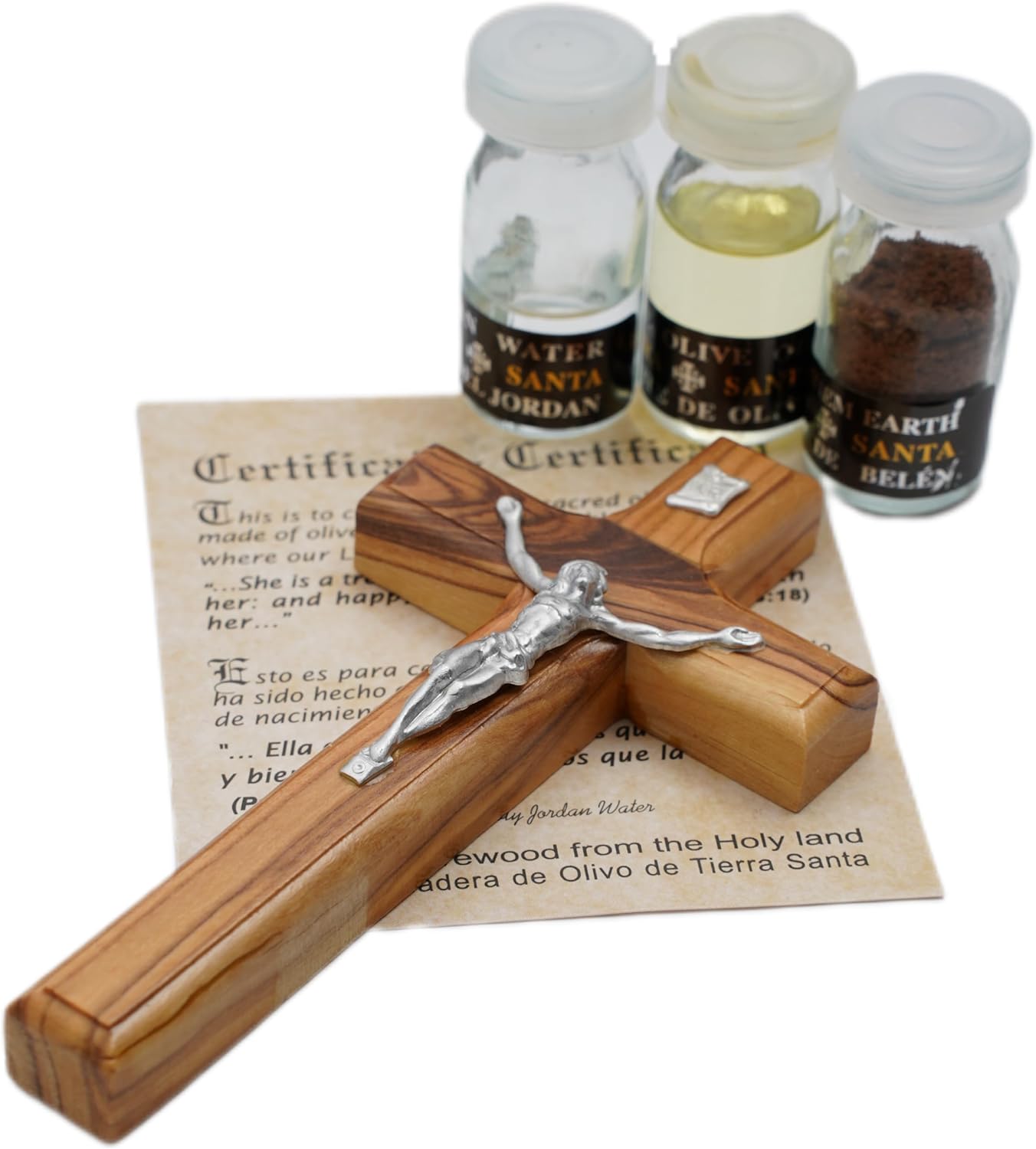 Olive oil, water, and Bethlehem soil Christian blessing set with crucifix