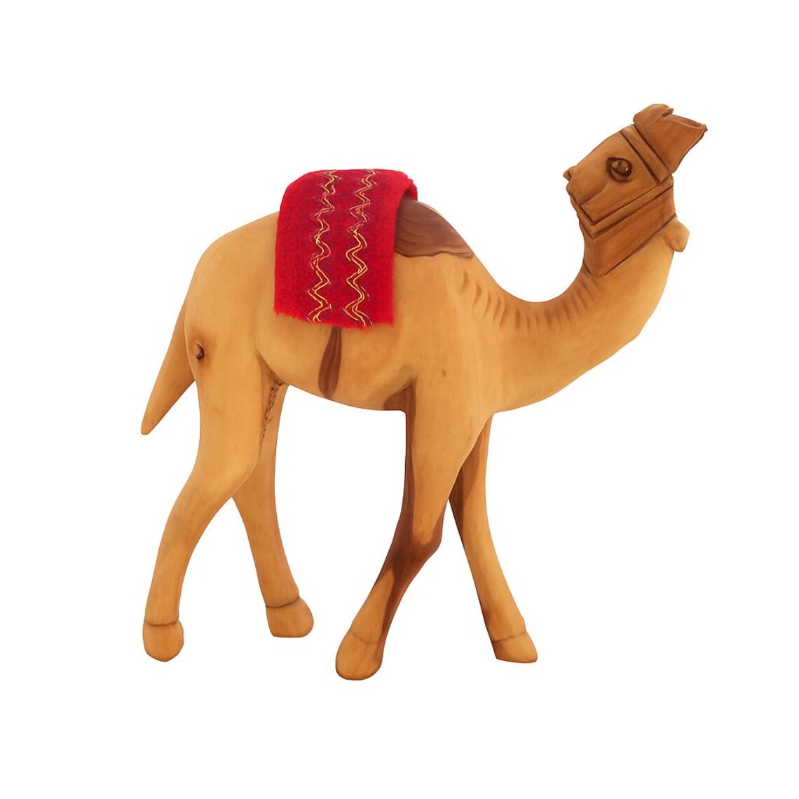 Olive wood camel figurine with red saddle from Bethlehem
