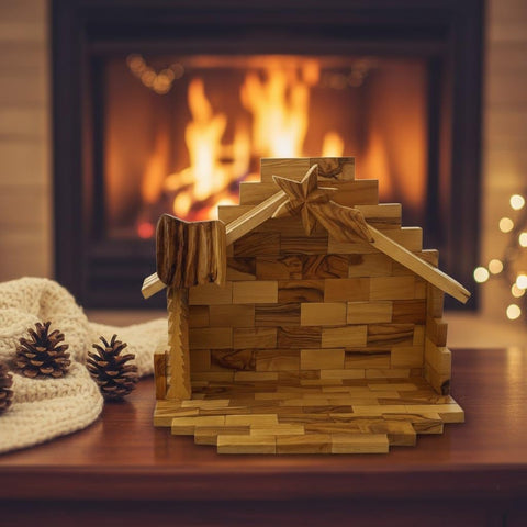 Olive wood Christmas Nativity stable with decorative palm carving
