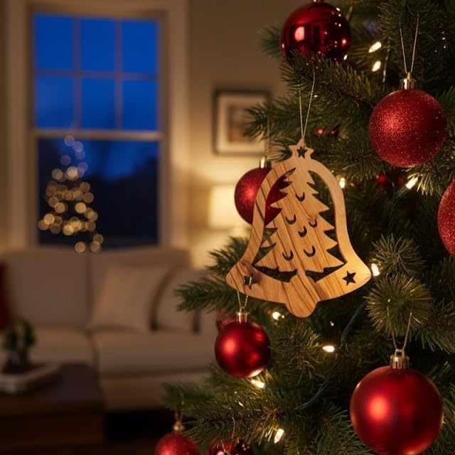 Decorative Christmas tree with red ornaments and a wooden bell ornament in a cozy living room.