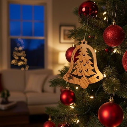 Decorative Christmas tree with red ornaments and a wooden bell ornament in a cozy living room.