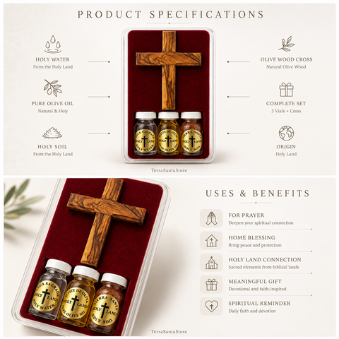 Jerusalem devotional gift box featuring olive wood cross and biblical holy land elements for prayer use