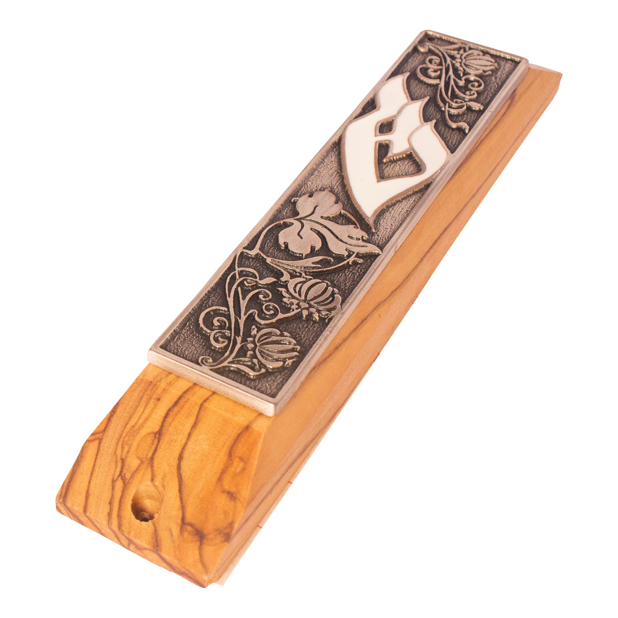 Front view olive wood door mezuzah with Shin letter from Israel
