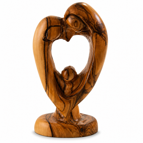 Abstract heart-shaped Holy Family statue carved from authentic olive wood, showcasing Saint Joseph, Virgin Mary, and Baby Jesus