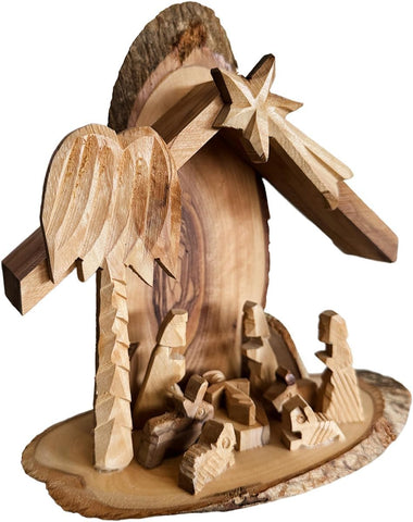 Olive wood Holy Family nativity set on natural bark base