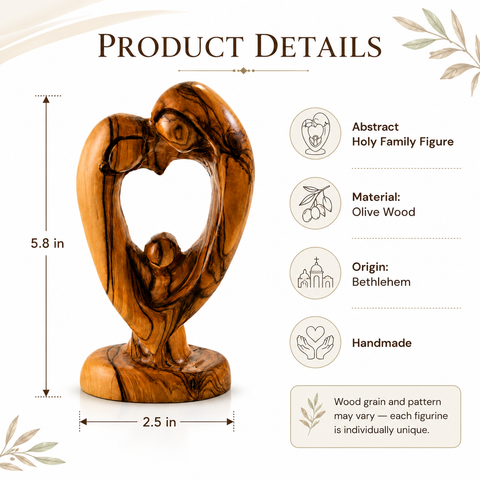 Product details infographic for abstract olive wood Holy Family figure showing dimensions of 5.8 by 2.5 inches, handcrafted origin from Bethlehem