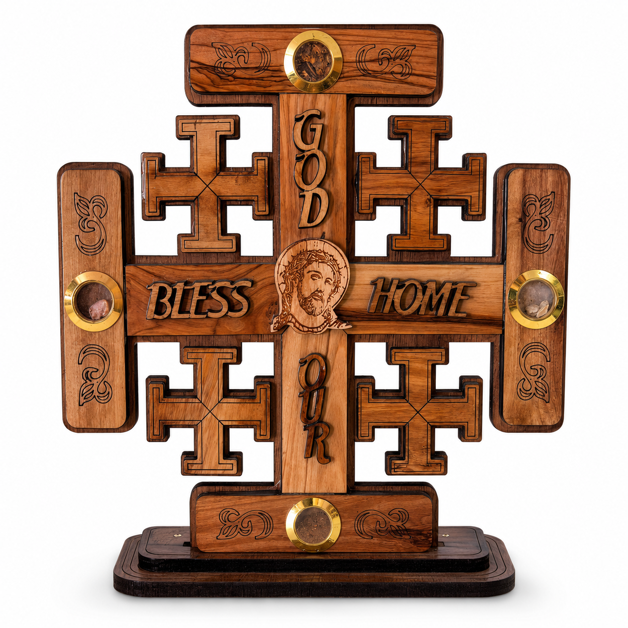 Olive wood Jerusalem cross standing altar decor with God Bless Our Home lettering, engraved Jesus face icon, and Holy Land relic capsules on a white background