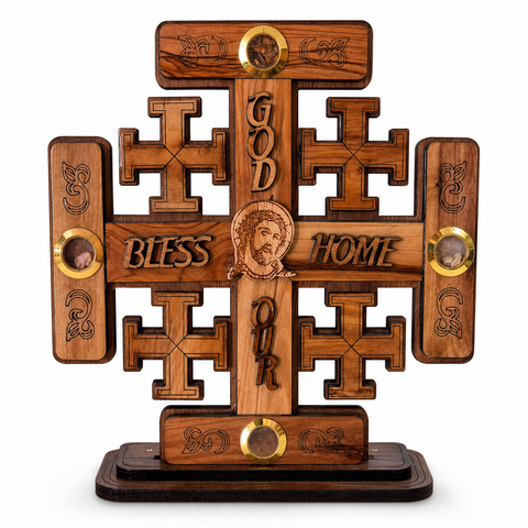 Olive wood Jerusalem cross standing altar decor with God Bless Our Home lettering, engraved Jesus face icon, and Holy Land relic capsules on a white background