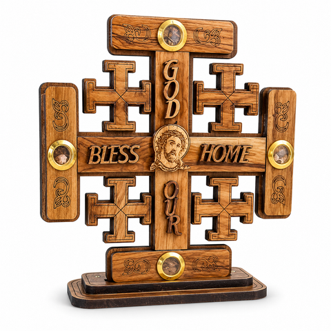 Olive wood Jerusalem cross tabletop decor with God Bless Our Home inscription, featuring a Jesus face centerpiece and four Holy Land relic capsules