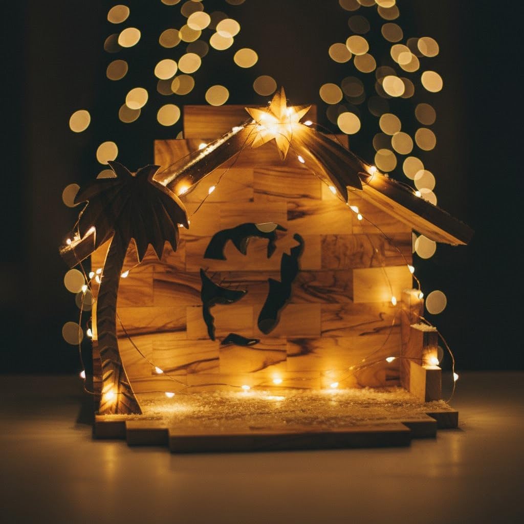 Olive wood manger display with Holy Family silhouette