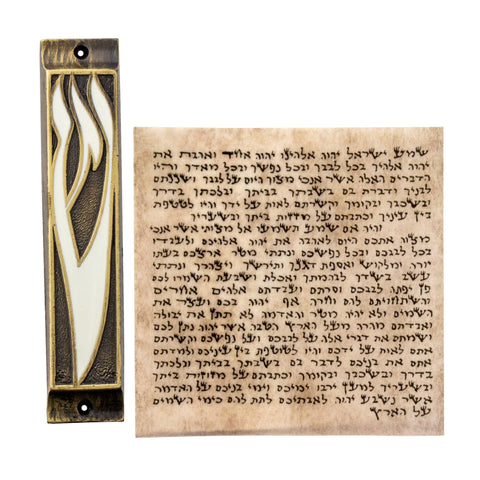 Angled front handmade mezuzah case olive wood Shema design
