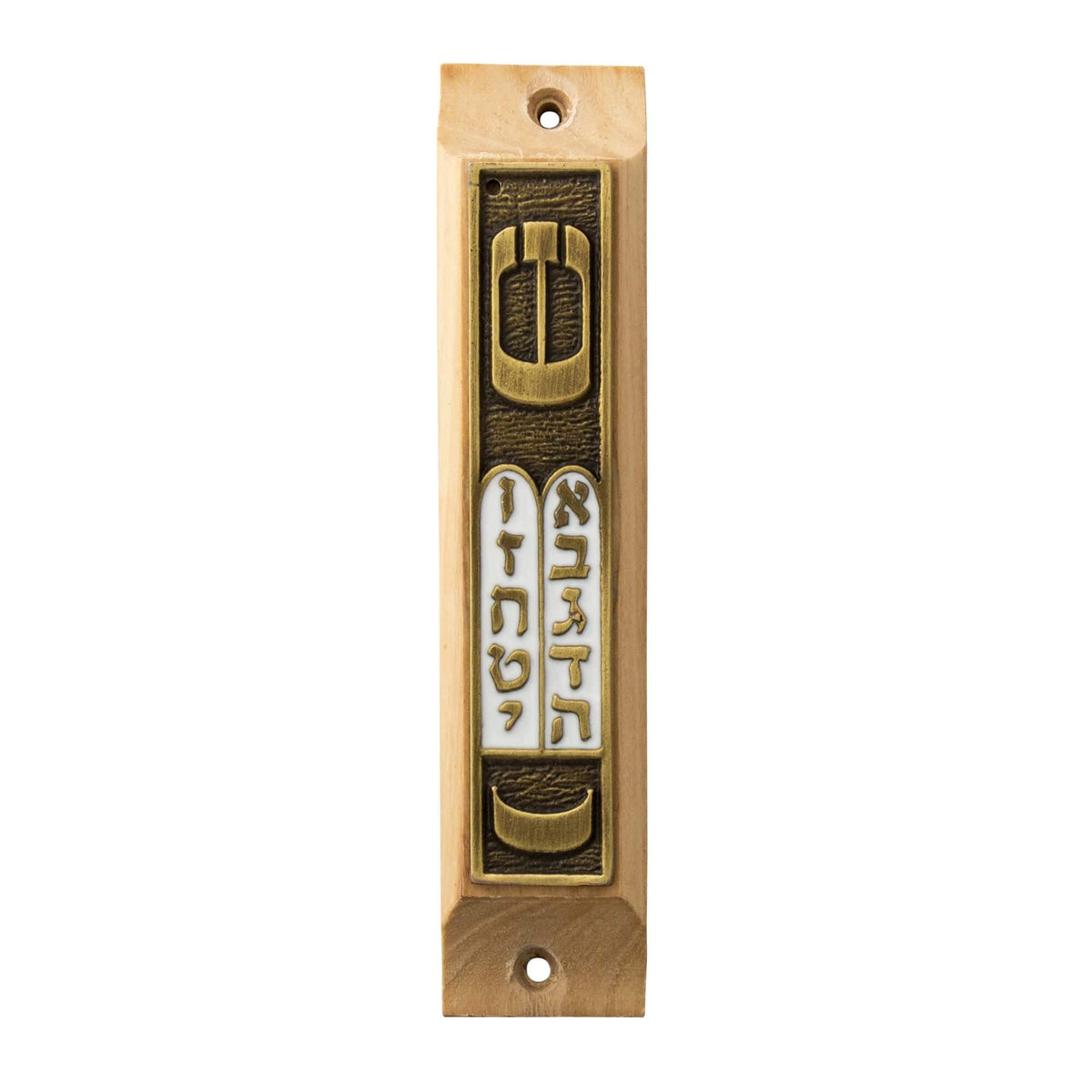 Front view olive wood mezuzah with enamel accents and Torah scroll