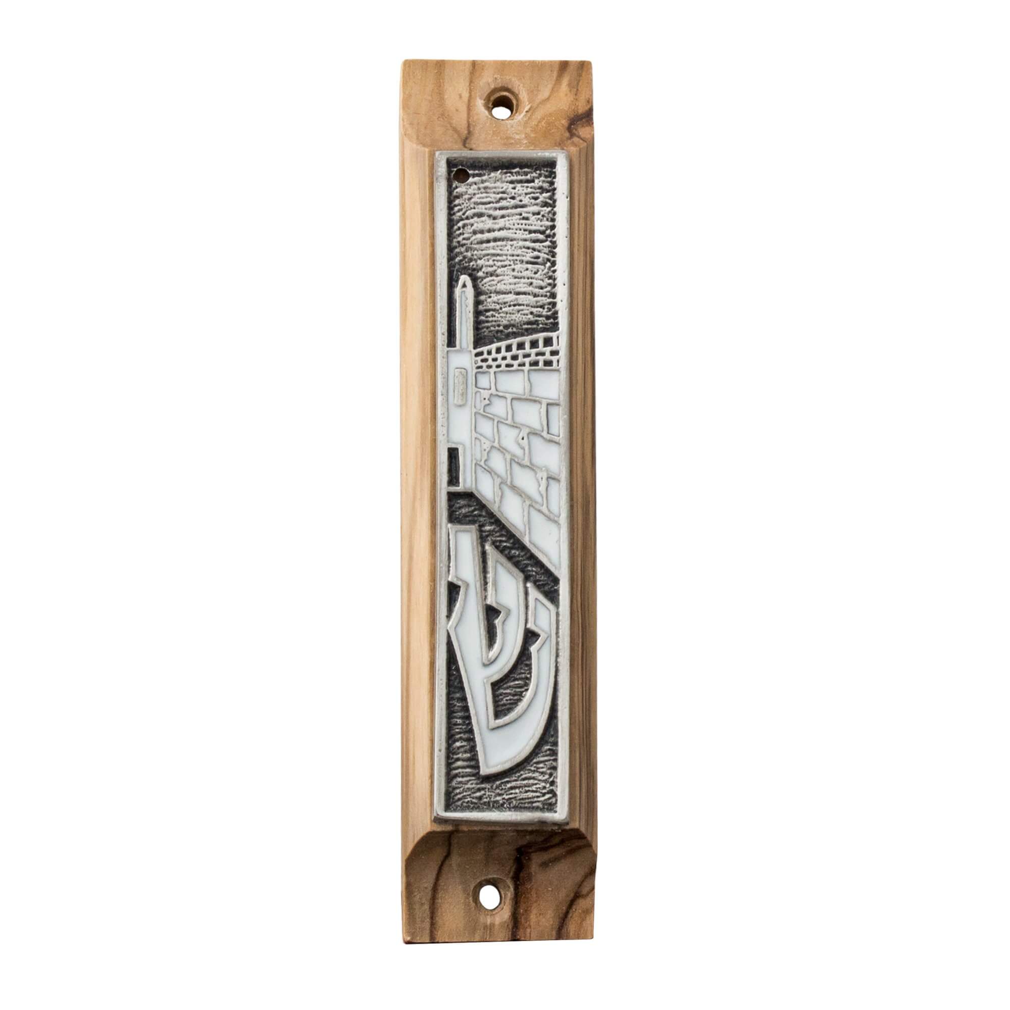 Front view mezuzah olive wood with enamel Western Wall design
