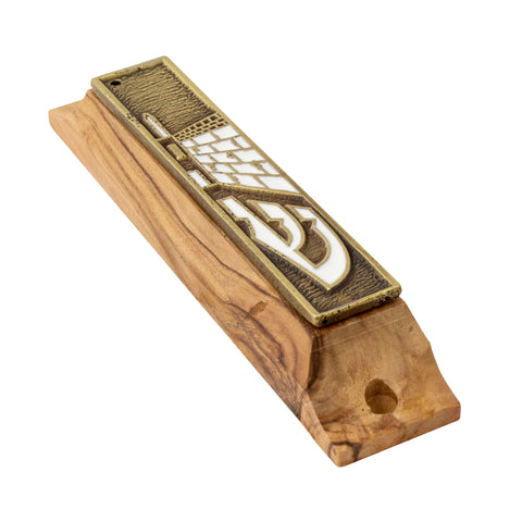 Olive wood mezuzah with golden enamel and engraved Western Wall motif