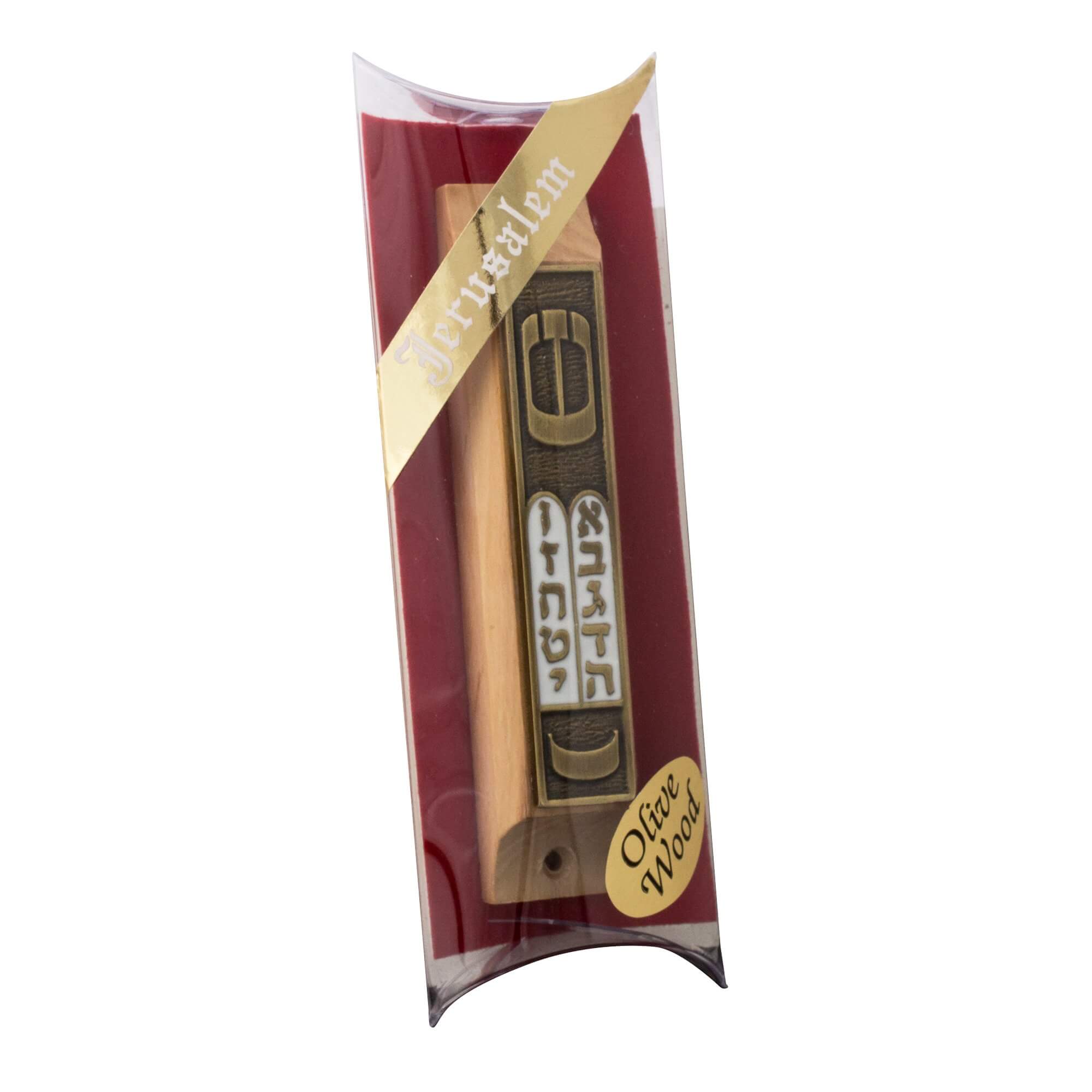 Reverse side mezuzah showing natural olive wood grain and enamel highlights